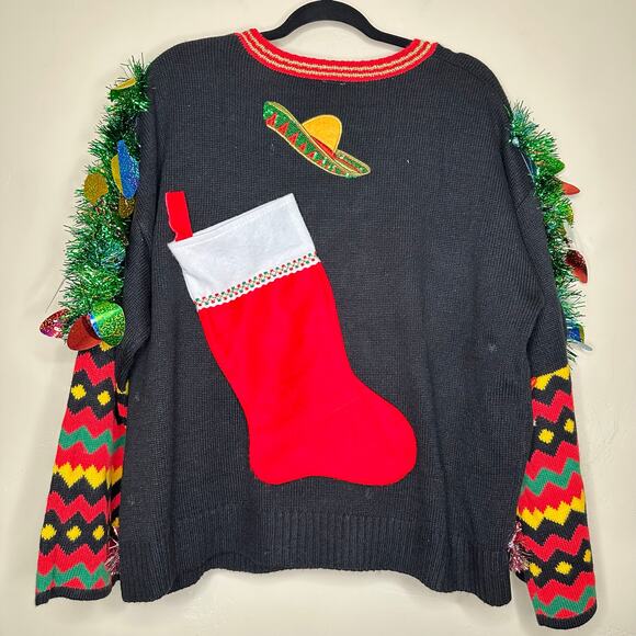 Ugly Christmas Sweater Feliz Navidad LIGHTS UP Tinsel Xmas Party Winner Size XL - Picture 3 of 5